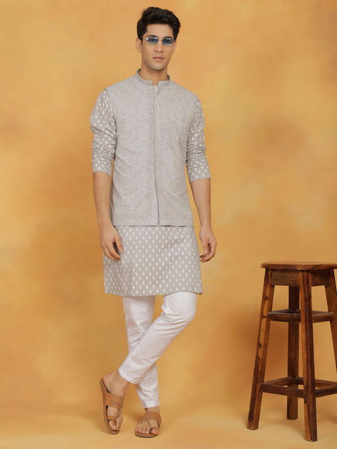 Vastramay Men's Gray Cotton Nehru Jacket
